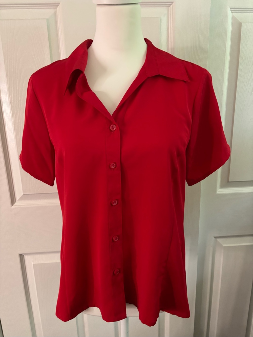 Notations Womens Red Solid Collared Short Sleeve Button-Up Blouse Size L